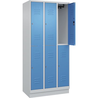 Classic PLUS double deck clothes locker, 3 compartments, light grey/light blue, HxW 1950 x 900 mm, with base plinth, cylinder lock.