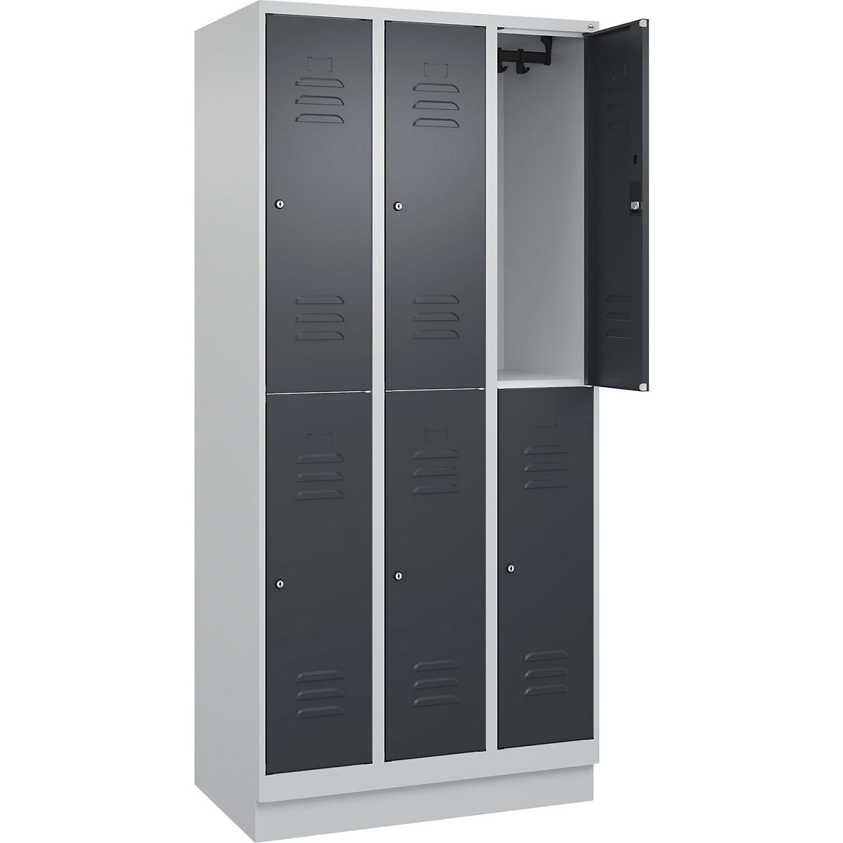 Classic PLUS double deck clothes locker, 3 compartments, light grey/grey, HxW 1950 x 900 mm, with base plinth, cylinder lock.