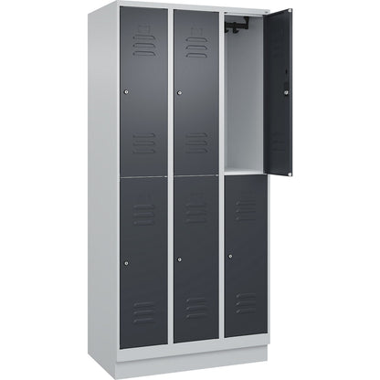 Classic PLUS double deck clothes locker, 3 compartments, light grey/grey, HxW 1950 x 900 mm, with base plinth, cylinder lock.