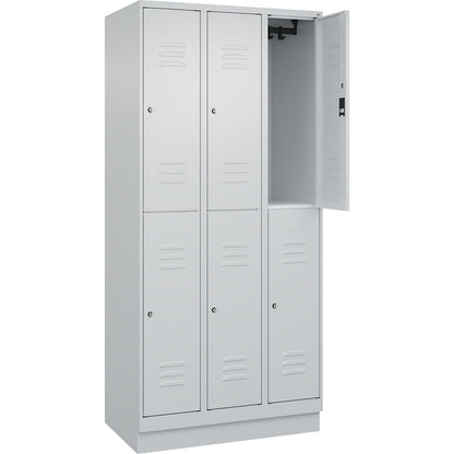 Classic PLUS double deck clothes locker, 3 compartments, light grey, HxW 1950 x 900 mm, with base plinth, cylinder lock.