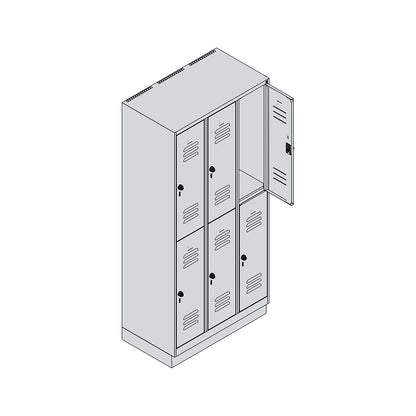 Classic PLUS double deck clothes locker, 3 compartments, light grey/reseda green, HxW 1950 x 900 mm, with base plinth, rotary bolt.