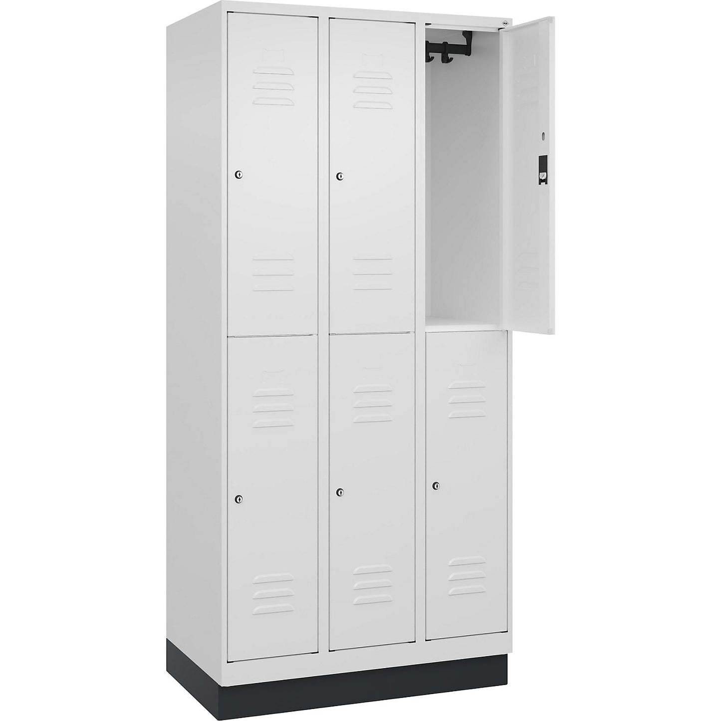 Classic PLUS double deck clothes locker, 3 compartments, traffic white, HxW 1950 x 900 mm, with base plinth, cylinder lock.