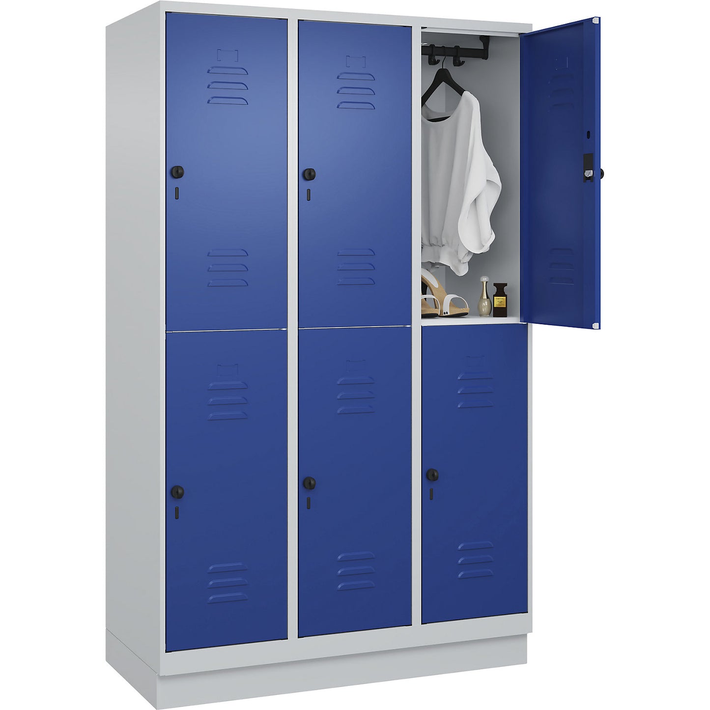 Classic PLUS double deck clothes locker, 3 compartments, light grey/gentian blue, HxW 1950 x 1200 mm, with base plinth, rotary bolt.