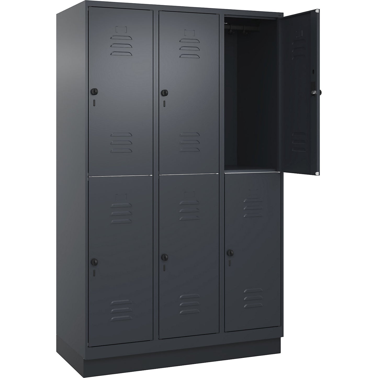 Classic PLUS double deck clothes locker, 3 compartments, grey, HxW 1950 x 1200 mm, with base plinth, rotary bolt.