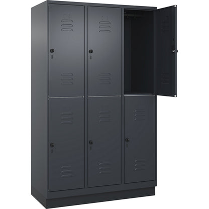 Classic PLUS double deck clothes locker, 3 compartments, grey, HxW 1950 x 1200 mm, with base plinth, rotary bolt.