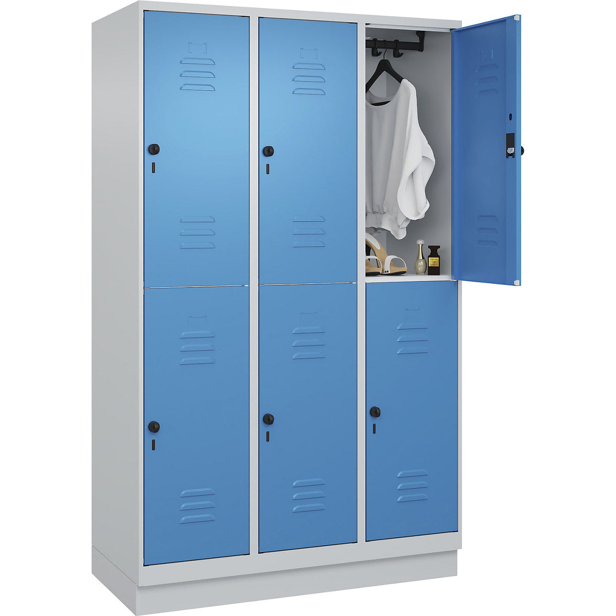 Classic PLUS double deck clothes locker, 3 compartments, light grey/light blue, HxW 1950 x 1200 mm, with base plinth, rotary bolt.