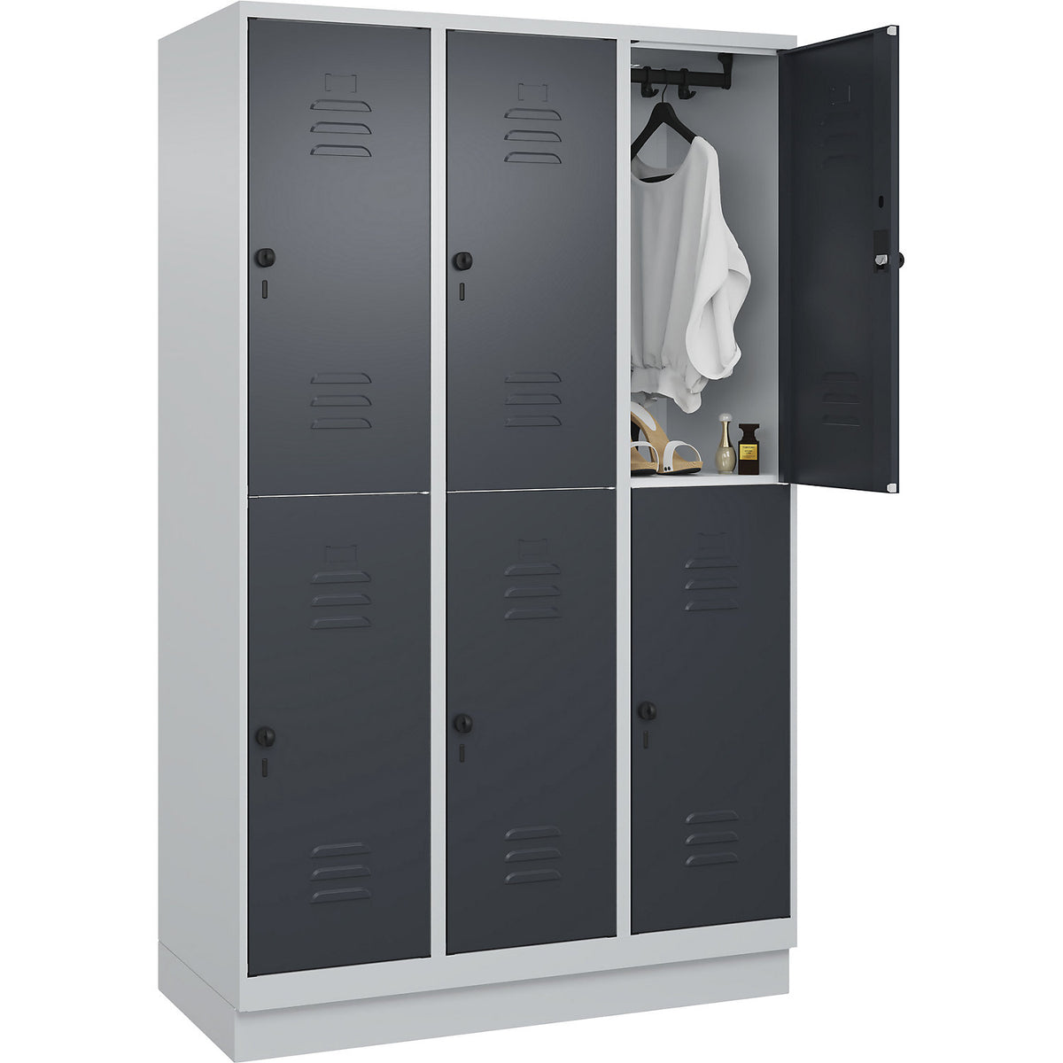 Classic PLUS double deck clothes locker, 3 compartments, light grey/grey, HxW 1950 x 1200 mm, with base plinth, rotary bolt.