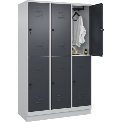 Classic PLUS double deck clothes locker, 3 compartments, light grey/grey, HxW 1950 x 1200 mm, with base plinth, rotary bolt.