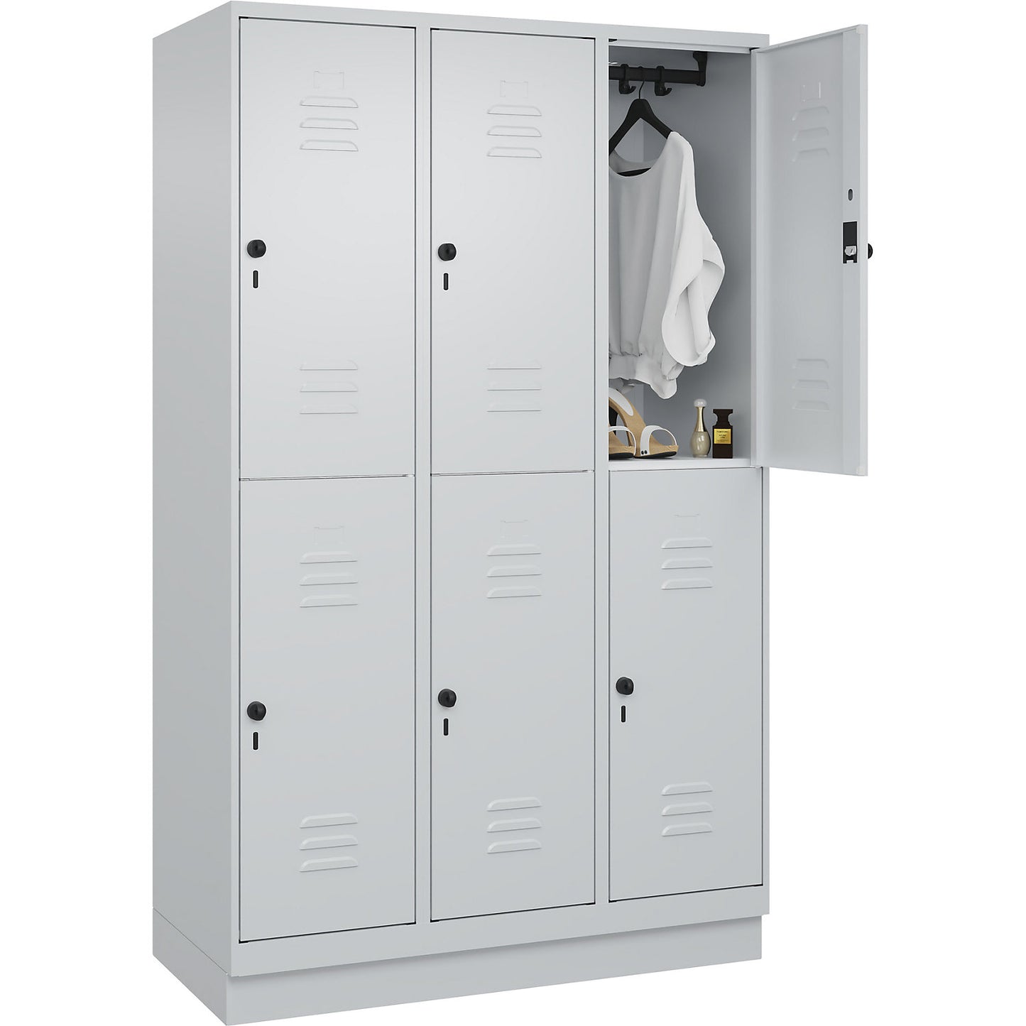 Classic PLUS double deck clothes locker, 3 compartments, light grey, HxW 1950 x 1200 mm, with base plinth, rotary bolt.