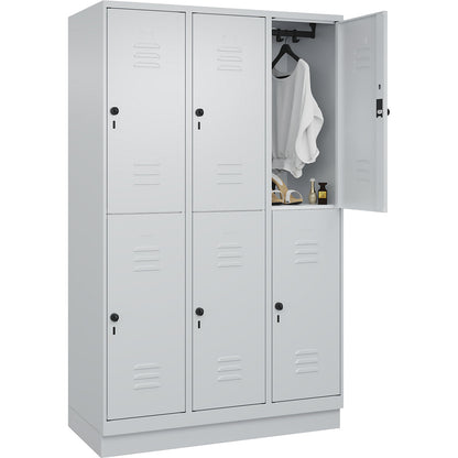 Classic PLUS double deck clothes locker, 3 compartments, light grey, HxW 1950 x 1200 mm, with base plinth, rotary bolt.