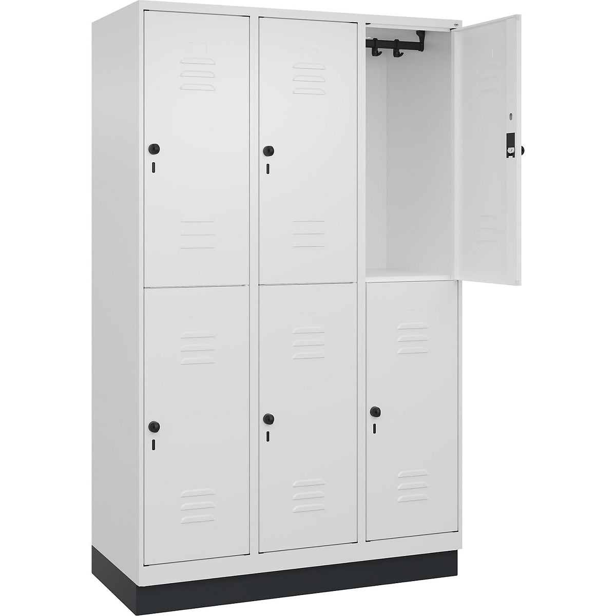 Classic PLUS double deck clothes locker, 3 compartments, traffic white, HxW 1950 x 1200 mm, with base plinth, rotary bolt.