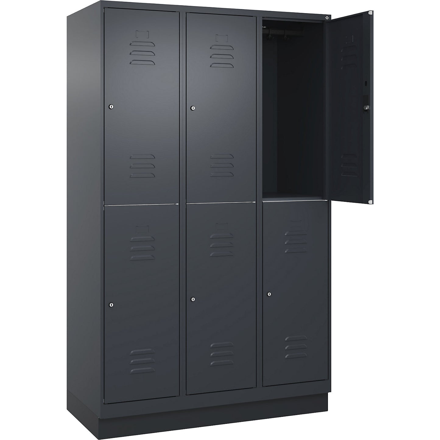 Classic PLUS double deck clothes locker, 3 compartments, grey, HxW 1950 x 1200 mm, with base plinth, cylinder lock.