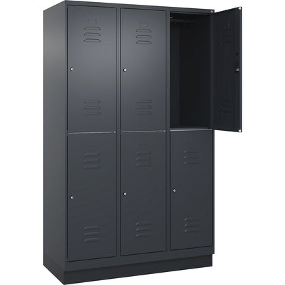 Classic PLUS double deck clothes locker, 3 compartments, grey, HxW 1950 x 1200 mm, with base plinth, cylinder lock.