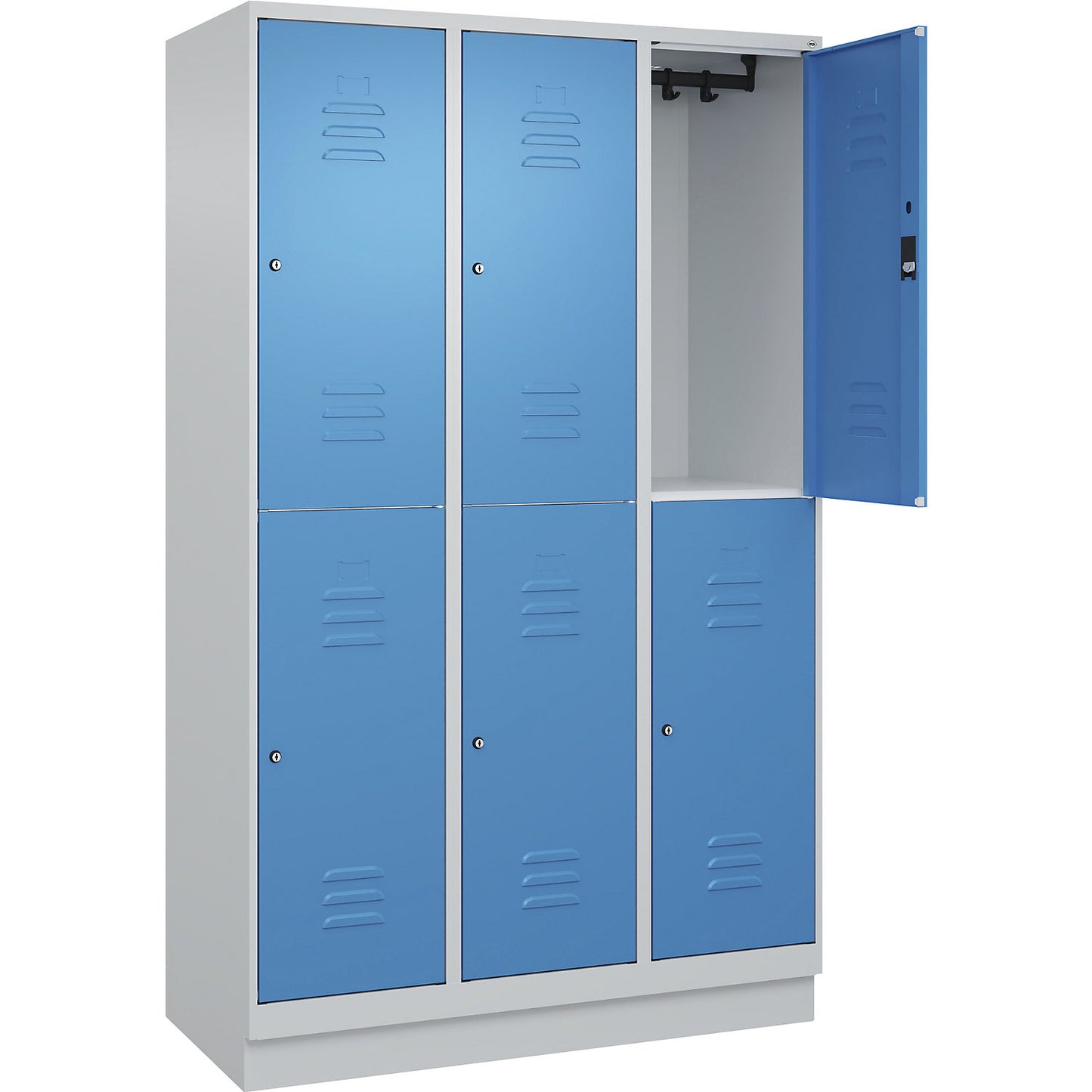Classic PLUS double deck clothes locker, 3 compartments, light grey/light blue, HxW 1950 x 1200 mm, with base plinth, cylinder lock.