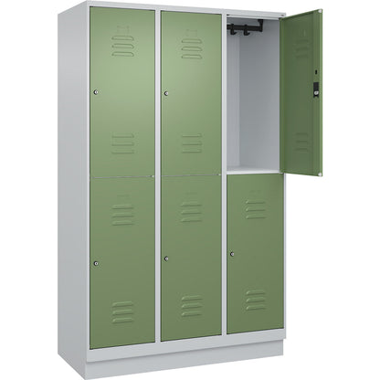 Classic PLUS double deck clothes locker, 3 compartments, light grey/reseda green, HxW 1950 x 1200 mm, with base plinth, cylinder lock.
