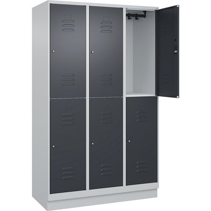Classic PLUS double deck clothes locker, 3 compartments, light grey/grey, HxW 1950 x 1200 mm, with base plinth, cylinder lock.