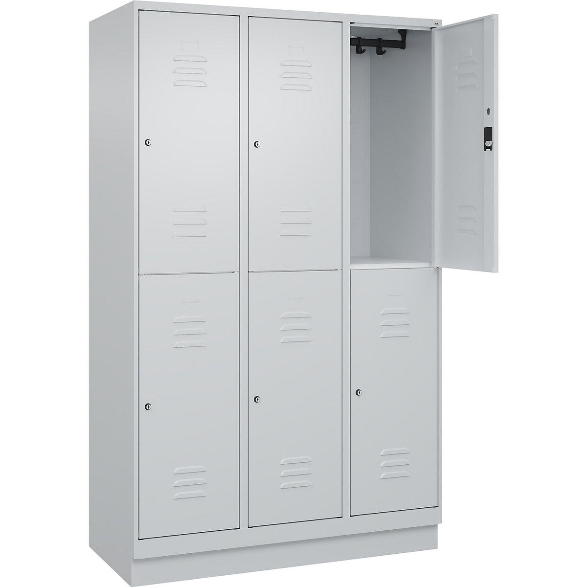 Classic PLUS double deck clothes locker, 3 compartments, light grey, HxW 1950 x 1200 mm, with base plinth, cylinder lock.