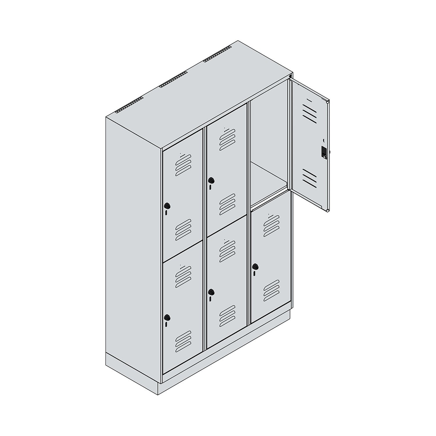 Classic PLUS double deck clothes locker, 3 compartments, light grey, HxW 1950 x 1200 mm, with base plinth, rotary bolt.