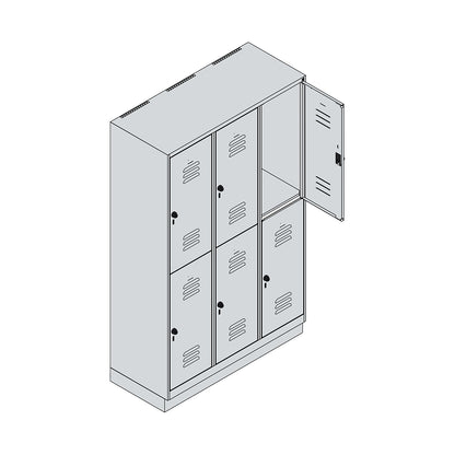 Classic PLUS double deck clothes locker, 3 compartments, grey, HxW 1950 x 1200 mm, with base plinth, rotary bolt.