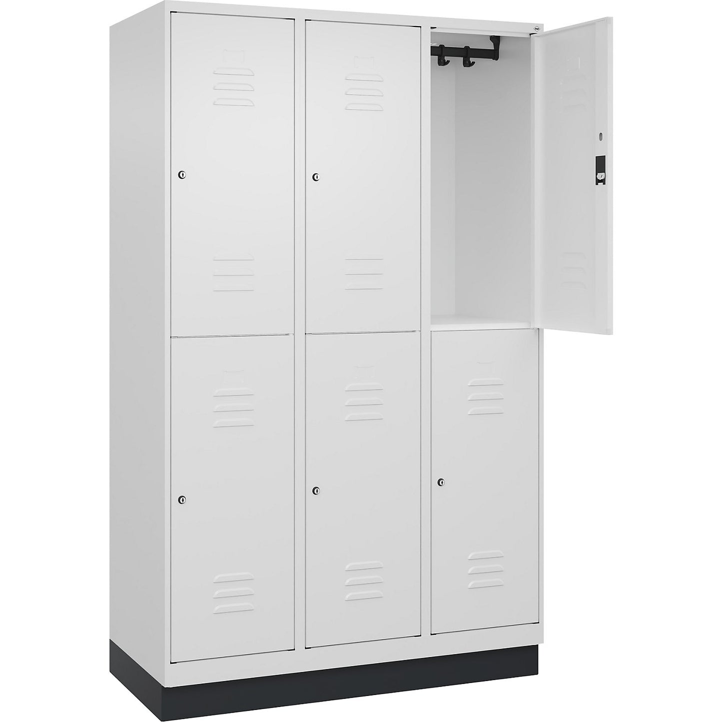 Classic PLUS double deck clothes locker, 3 compartments, traffic white, HxW 1950 x 1200 mm, with base plinth, cylinder lock.