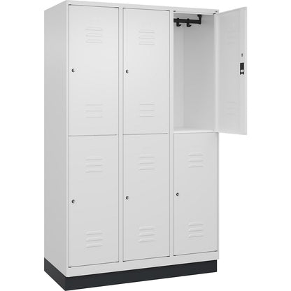 Classic PLUS double deck clothes locker, 3 compartments, traffic white, HxW 1950 x 1200 mm, with base plinth, cylinder lock.