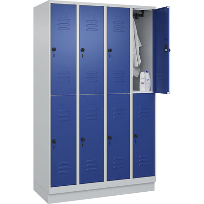 Classic PLUS double deck clothes locker, 4 compartments, light grey/gentian blue, HxW 1950 x 1200 mm, with base plinth, rotary bolt.