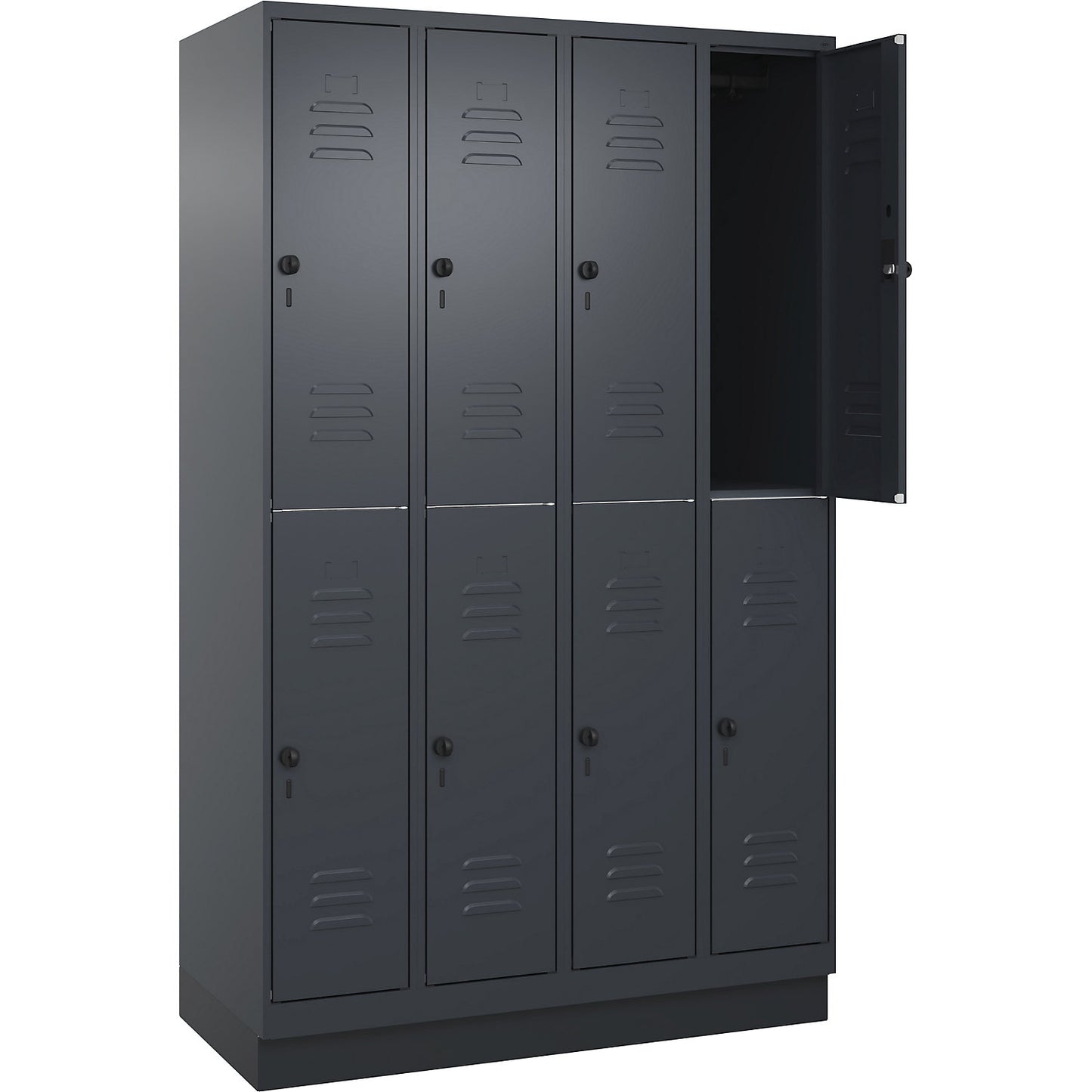 Classic PLUS double deck clothes locker, 4 compartments, grey, HxW 1950 x 1200 mm, with base plinth, rotary bolt.