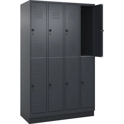 Classic PLUS double deck clothes locker, 4 compartments, grey, HxW 1950 x 1200 mm, with base plinth, rotary bolt.