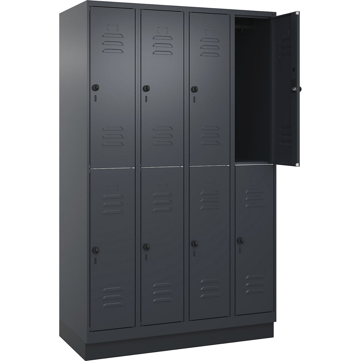 Classic PLUS double deck clothes locker, 4 compartments, grey, HxW 1950 x 1200 mm, with base plinth, rotary bolt.