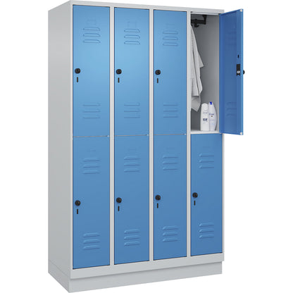 Classic PLUS double deck clothes locker, 4 compartments, light grey/light blue, HxW 1950 x 1200 mm, with base plinth, rotary bolt.