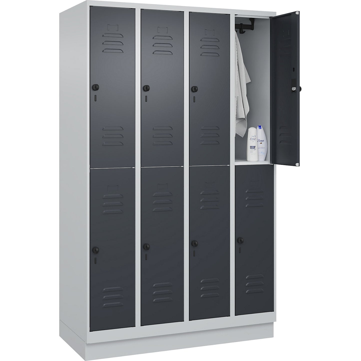 Classic PLUS double deck clothes locker, 4 compartments, light grey/grey, HxW 1950 x 1200 mm, with base plinth, rotary bolt.