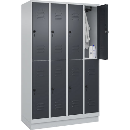 Classic PLUS double deck clothes locker, 4 compartments, light grey/grey, HxW 1950 x 1200 mm, with base plinth, rotary bolt.