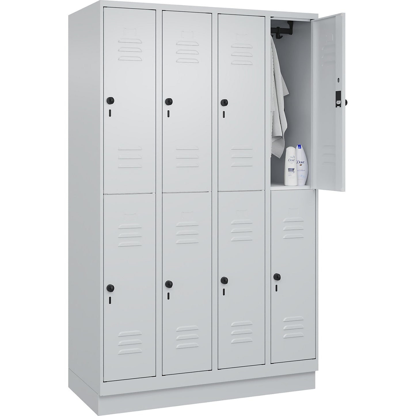 Classic PLUS double deck clothes locker, 4 compartments, light grey, HxW 1950 x 1200 mm, with base plinth, rotary bolt.