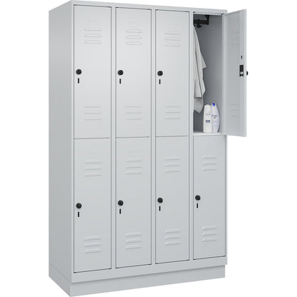 Classic PLUS double deck clothes locker, 4 compartments, light grey, HxW 1950 x 1200 mm, with base plinth, rotary bolt.