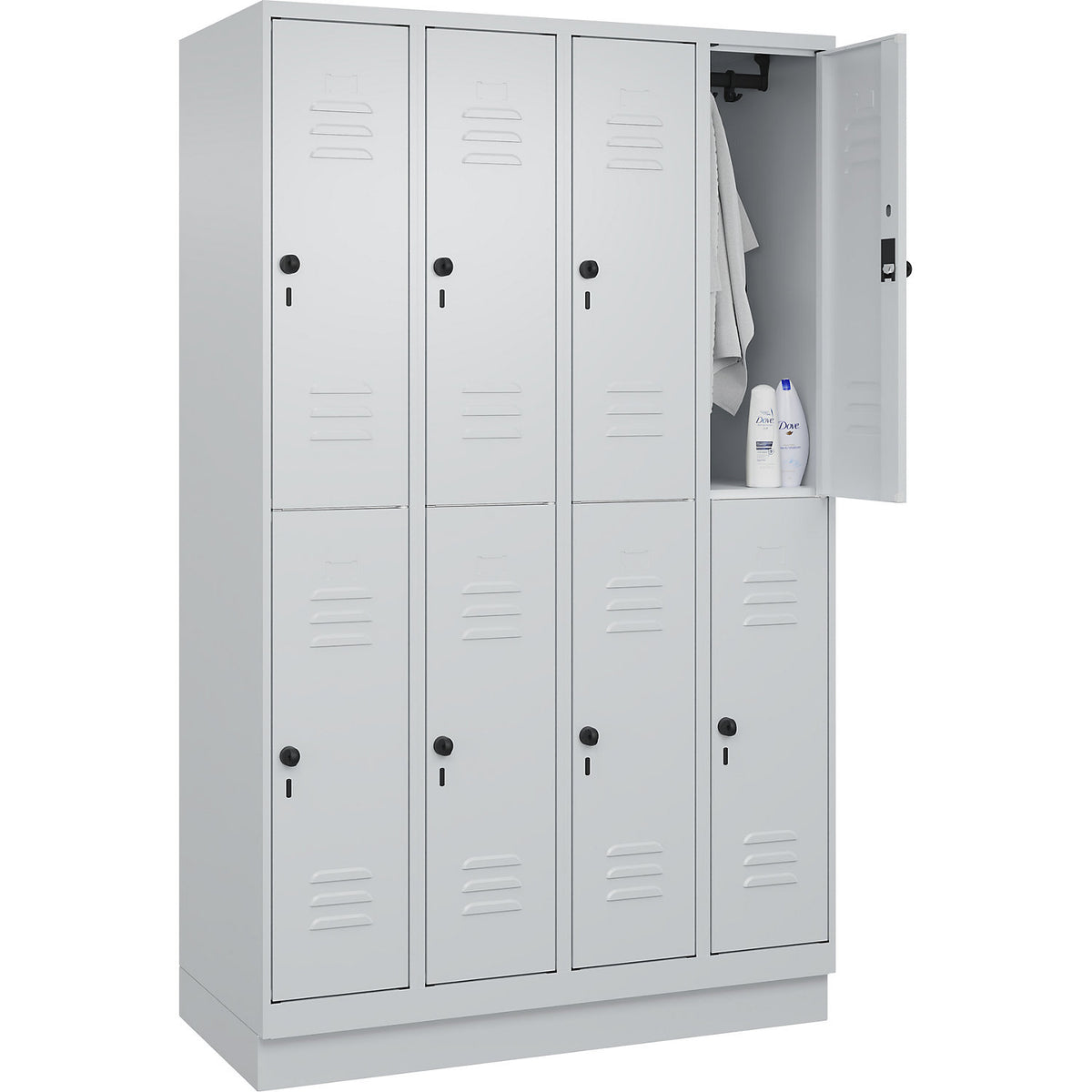Classic PLUS double deck clothes locker, 4 compartments, light grey, HxW 1950 x 1200 mm, with base plinth, rotary bolt.