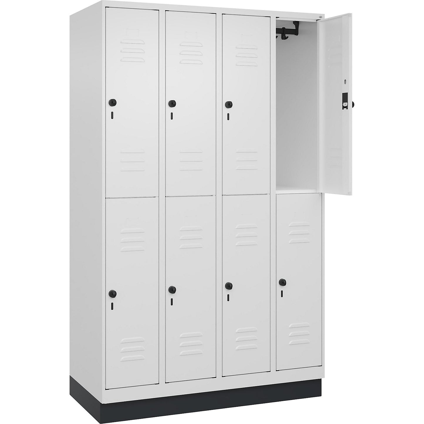 Classic PLUS double deck clothes locker, 4 compartments, traffic white, HxW 1950 x 1200 mm, with base plinth, rotary bolt.
