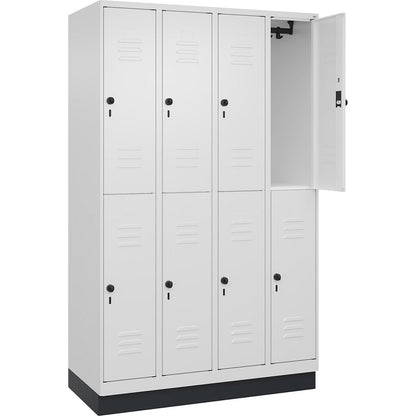 Classic PLUS double deck clothes locker, 4 compartments, traffic white, HxW 1950 x 1200 mm, with base plinth, rotary bolt.