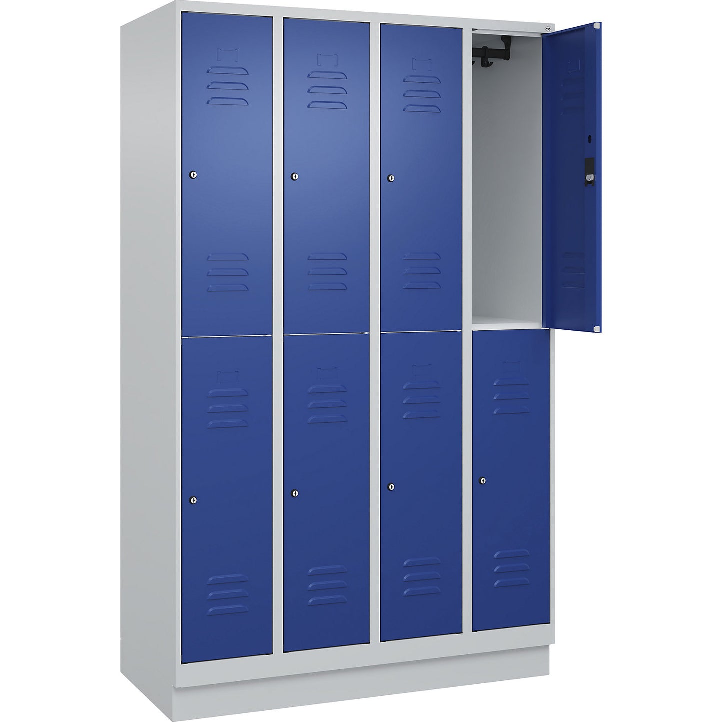 Classic PLUS double deck clothes locker, 4 compartments, light grey/gentian blue, HxW 1950 x 1200 mm, with base plinth, cylinder lock.