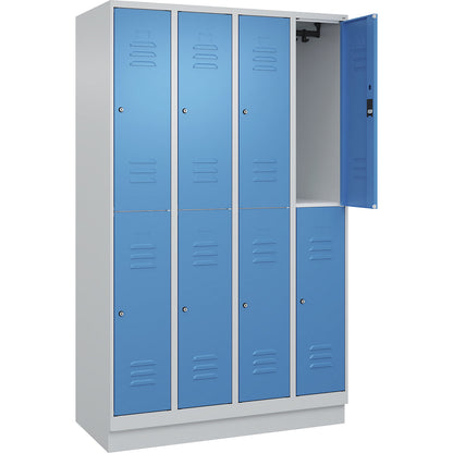 Classic PLUS double deck clothes locker, 4 compartments, light grey/light blue, HxW 1950 x 1200 mm, with base plinth, cylinder lock.