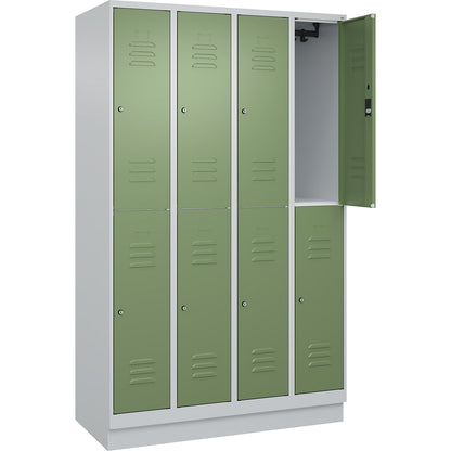 Classic PLUS double deck clothes locker, 4 compartments, light grey/reseda green, HxW 1950 x 1200 mm, with base plinth, cylinder lock.