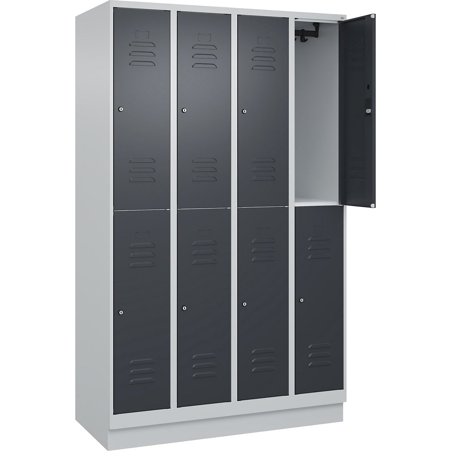 Classic PLUS double deck clothes locker, 4 compartments, light grey/grey, HxW 1950 x 1200 mm, with base plinth, cylinder lock.