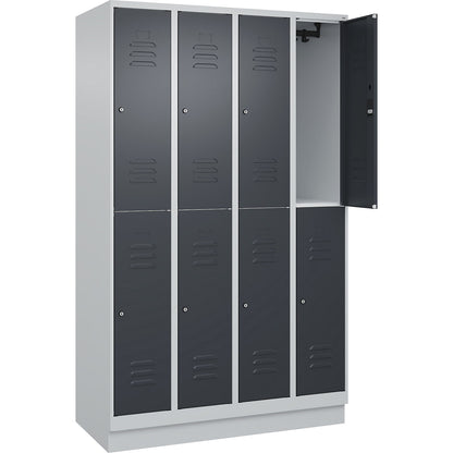 Classic PLUS double deck clothes locker, 4 compartments, light grey/grey, HxW 1950 x 1200 mm, with base plinth, cylinder lock.