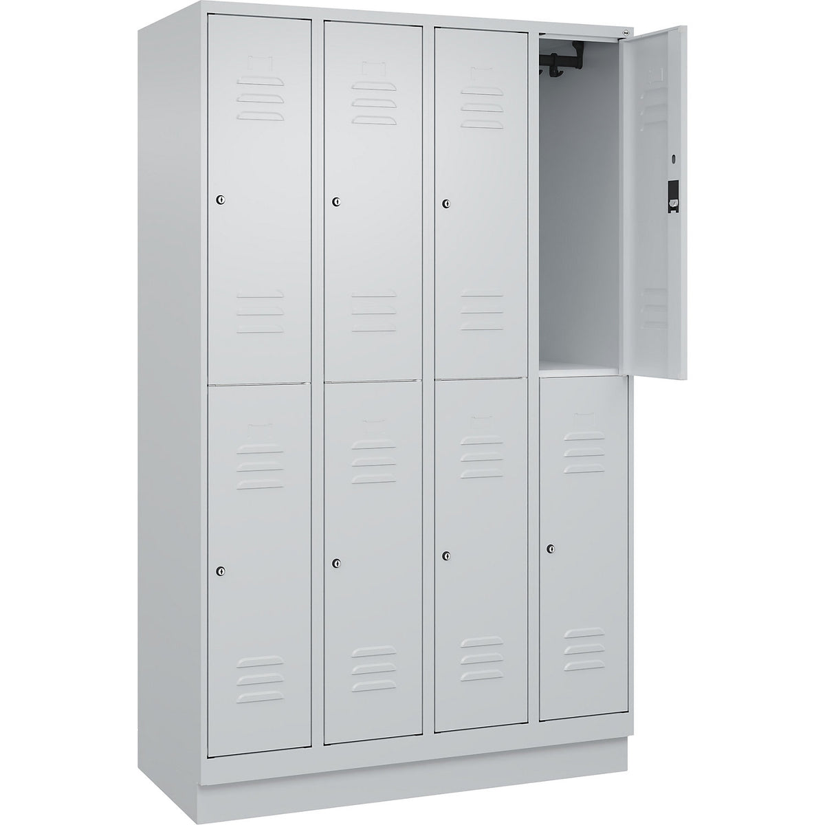 Classic PLUS double deck clothes locker, 4 compartments, light grey, HxW 1950 x 1200 mm, with base plinth, cylinder lock.