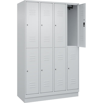 Classic PLUS double deck clothes locker, 4 compartments, light grey, HxW 1950 x 1200 mm, with base plinth, cylinder lock.