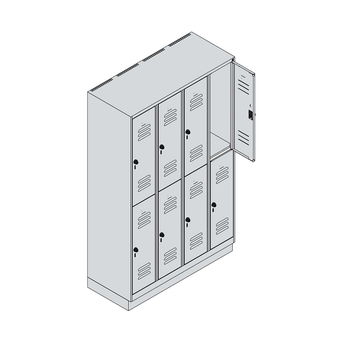 Classic PLUS double deck clothes locker, 4 compartments, light grey, HxW 1950 x 1200 mm, with base plinth, rotary bolt.
