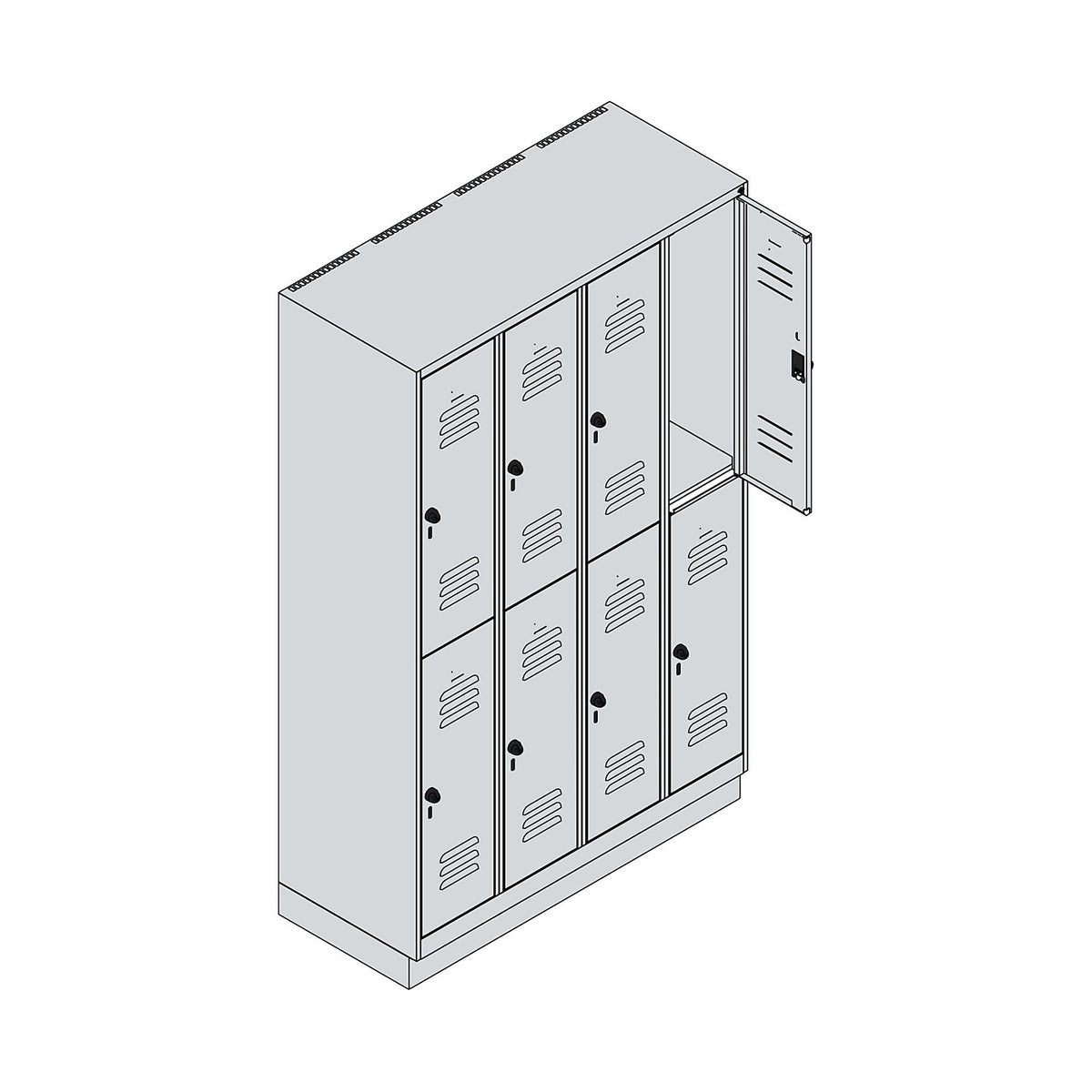 Classic PLUS double deck clothes locker, 4 compartments, grey, HxW 1950 x 1200 mm, with base plinth, rotary bolt.