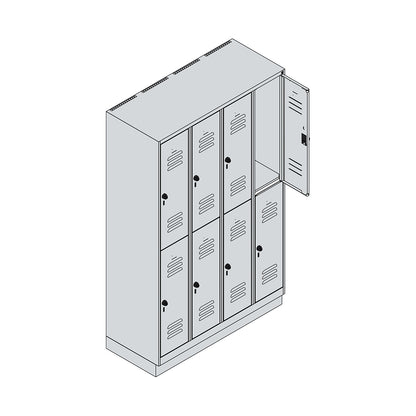 Classic PLUS double deck clothes locker, 4 compartments, light grey/light blue, HxW 1950 x 1200 mm, with base plinth, rotary bolt.
