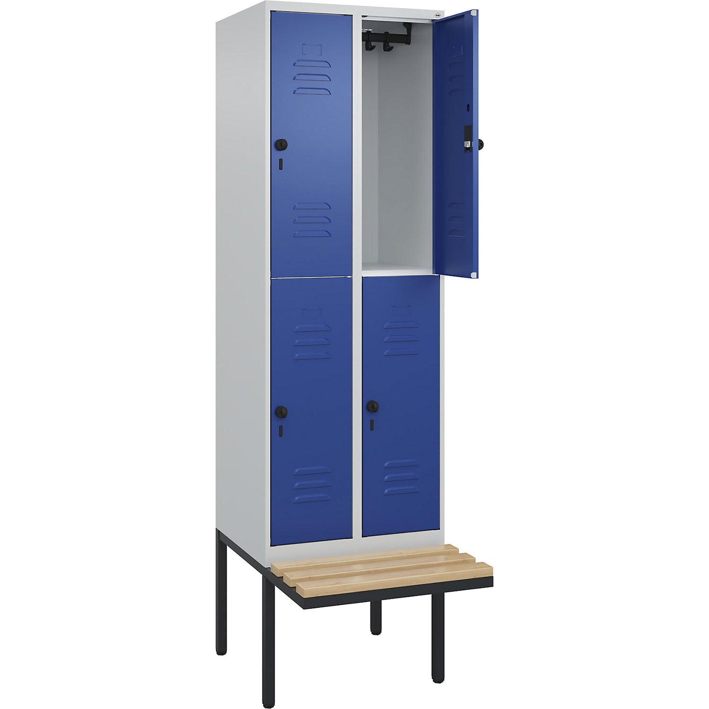 Classic PLUS bench seat double deck clothes locker, 2 compartments, light grey/gentian blue, W 600 mm, security rotary bolt, cantilevered, beech hardwood.