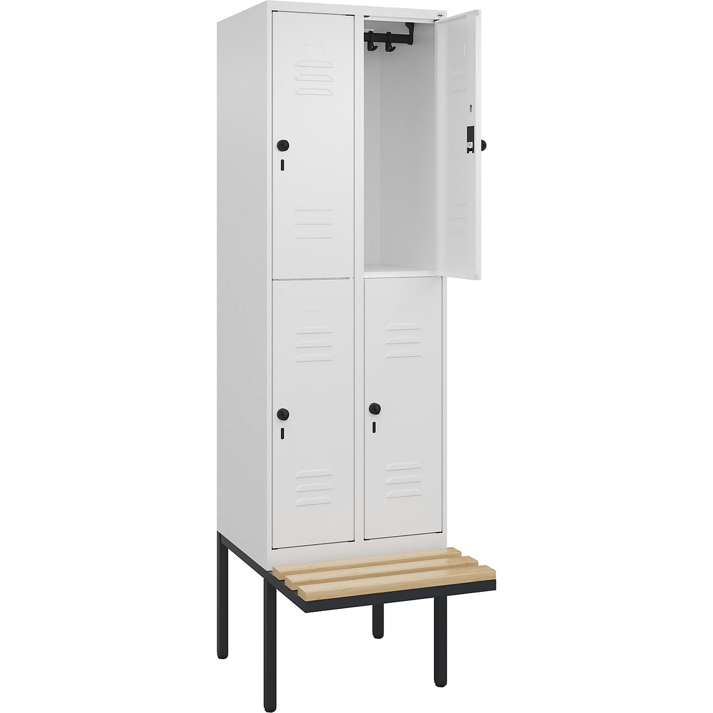 Classic PLUS bench seat double deck clothes locker, 2 compartments, traffic white, W 600 mm, security rotary bolt, cantilevered, beech hardwood.