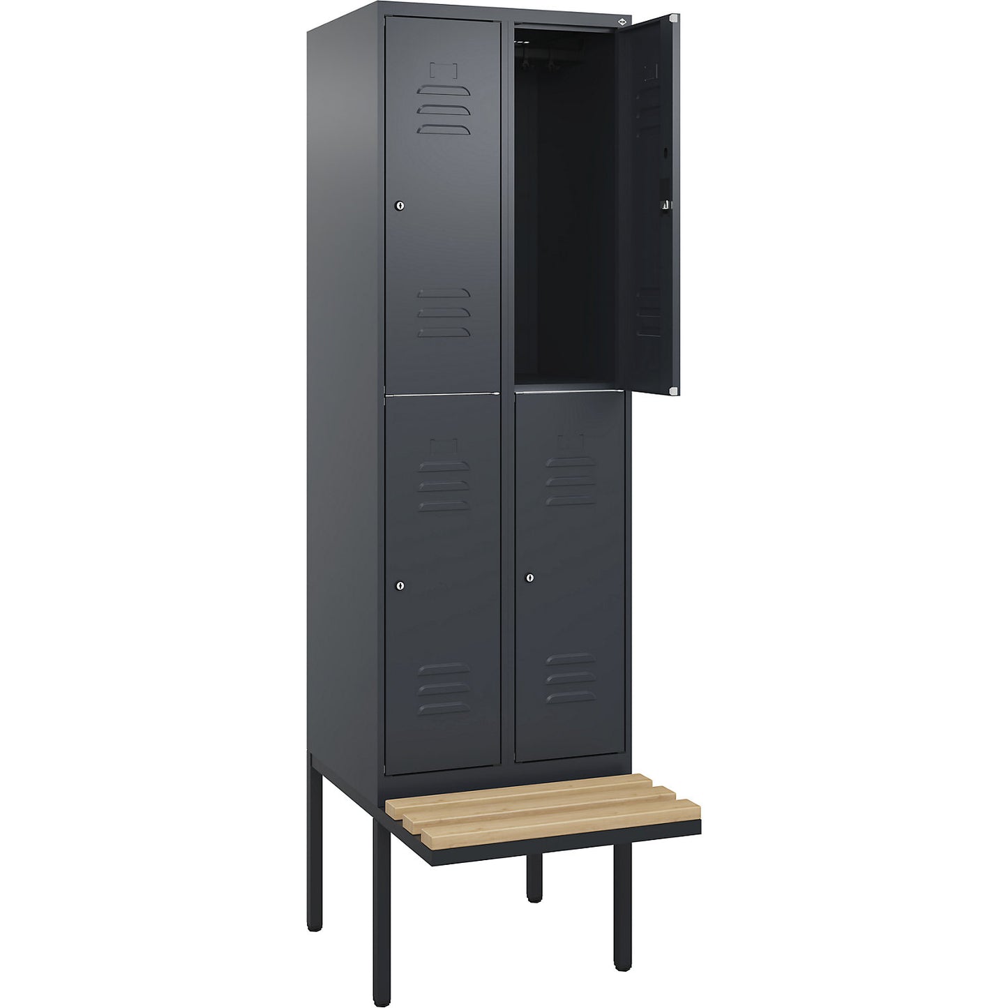 Classic PLUS bench seat double deck clothes locker, 2 compartments, grey, W 600 mm, cylinder lock, cantilevered, beech hardwood.
